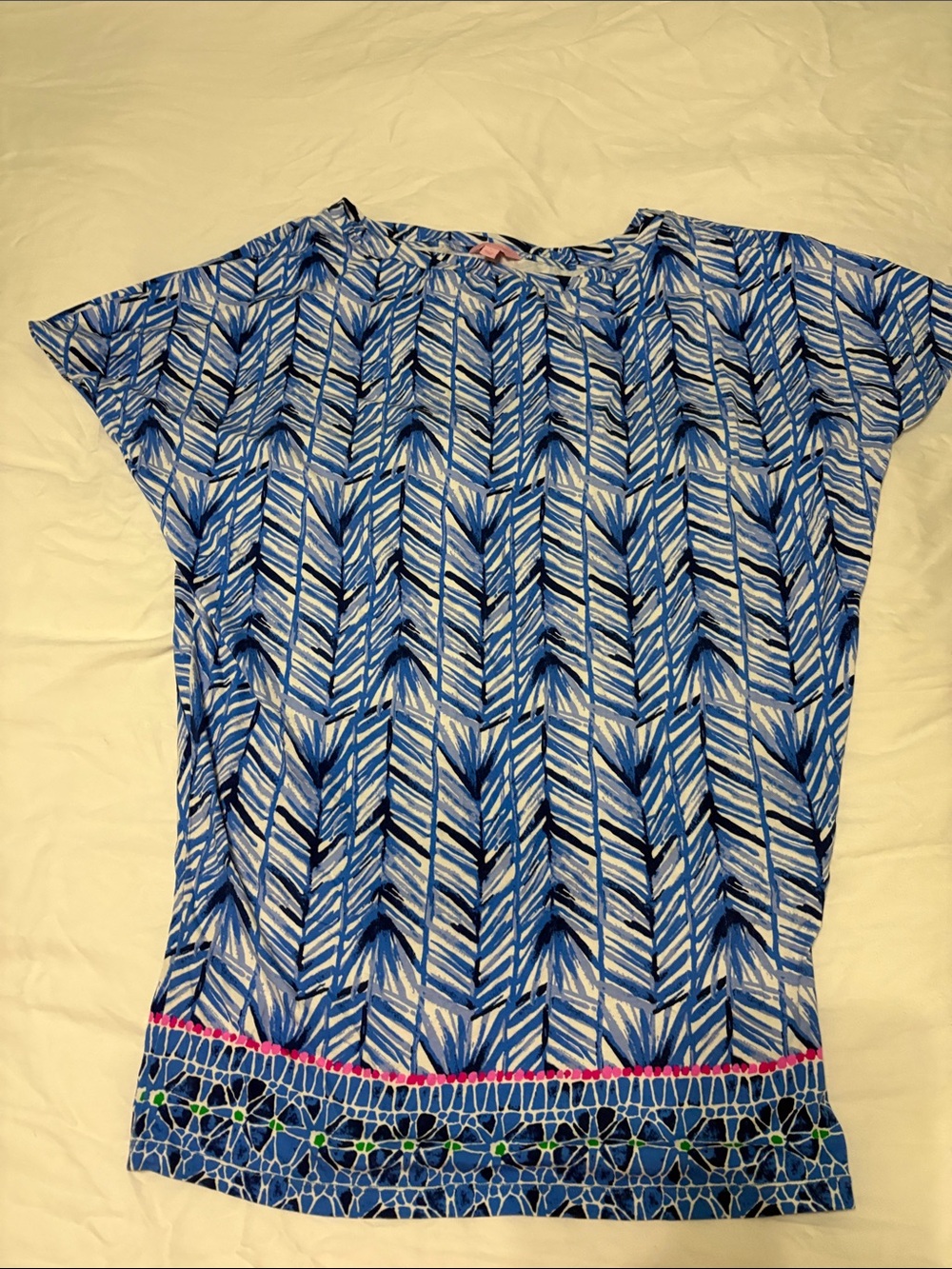 Lilly Pulitzer Blue and White Patterned Short Sleeve Top with Pink Accent